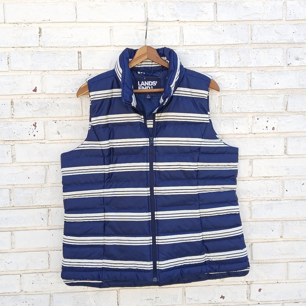 Lands' End Down Vest Founders Stripe Navy Puffer - Picture 2 of 7